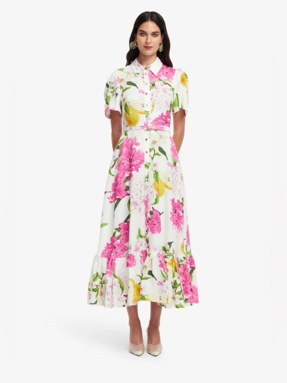 LEO LIN BECCA Short Sleeve Floral Printed Linen White Midi Dress AU8/US4 NWOT